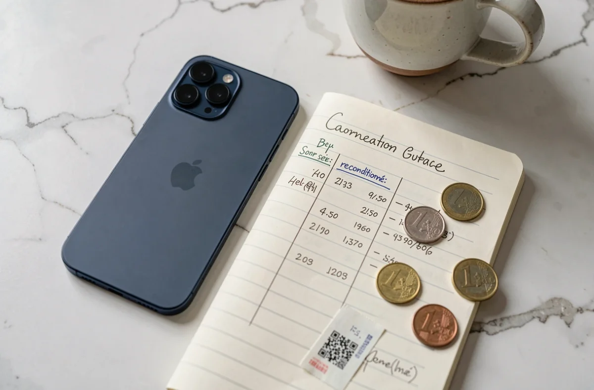 Flat lay d'un iPhone 15 reconditionné avec carnet de comparaison de prix et pièces en euros sur marbre