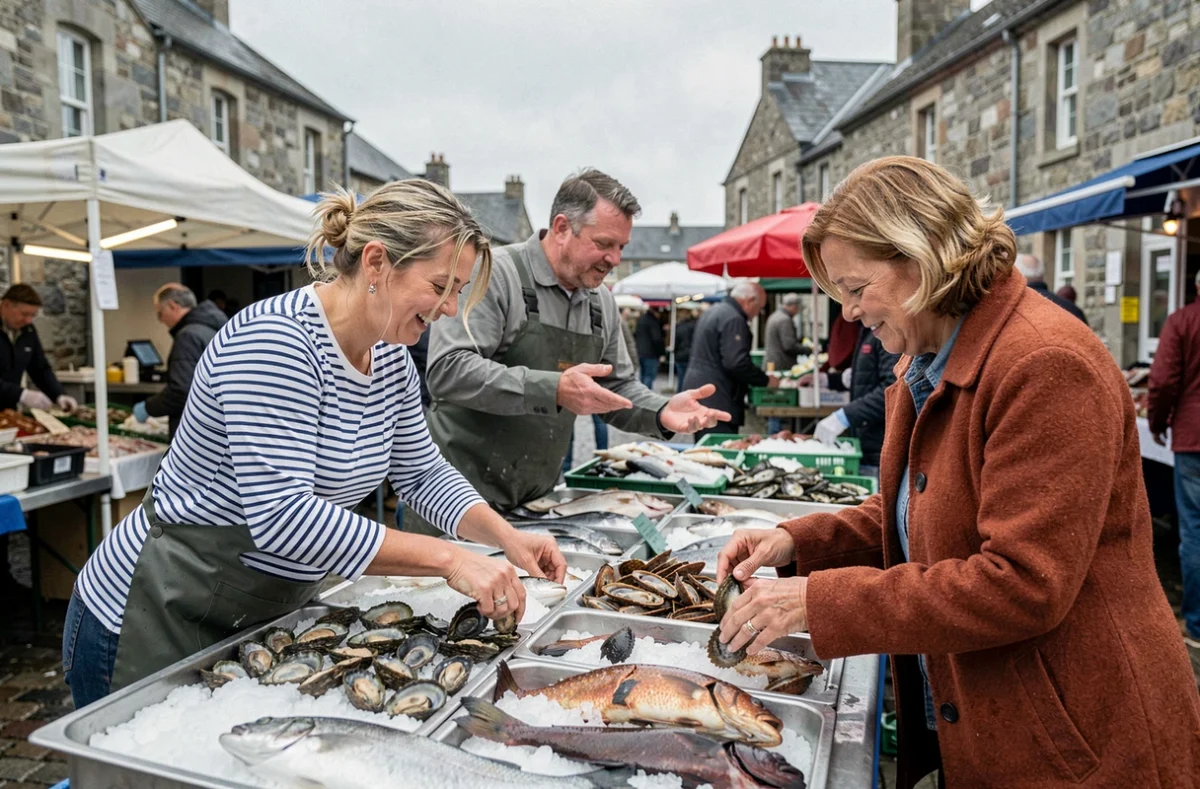 Deux femmes choisissant des fruits de mer frais sur un étal de poissonnerie au marché de Bretagne