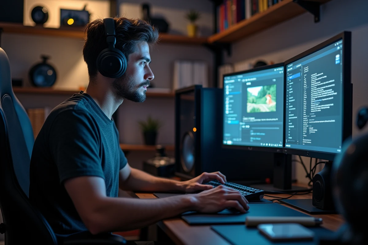 Homme ajustant paramètres sur moniteur gaming en intérieur