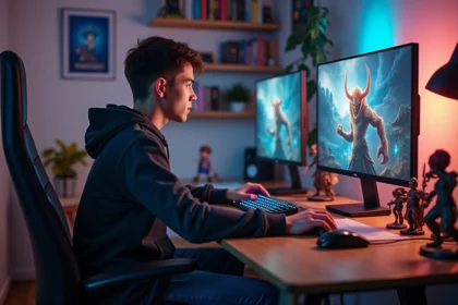 Jeune homme gamer concentré devant son setup gaming