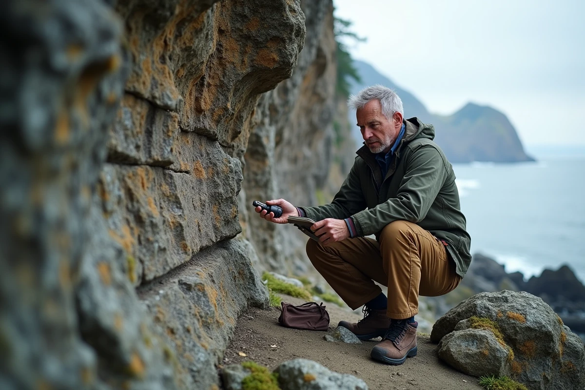 Géologue examinant des strates rocheuses et marques d'érosion sur une falaise côtière en Alaska lors d'une étude sur le mégatsunami de Lituya