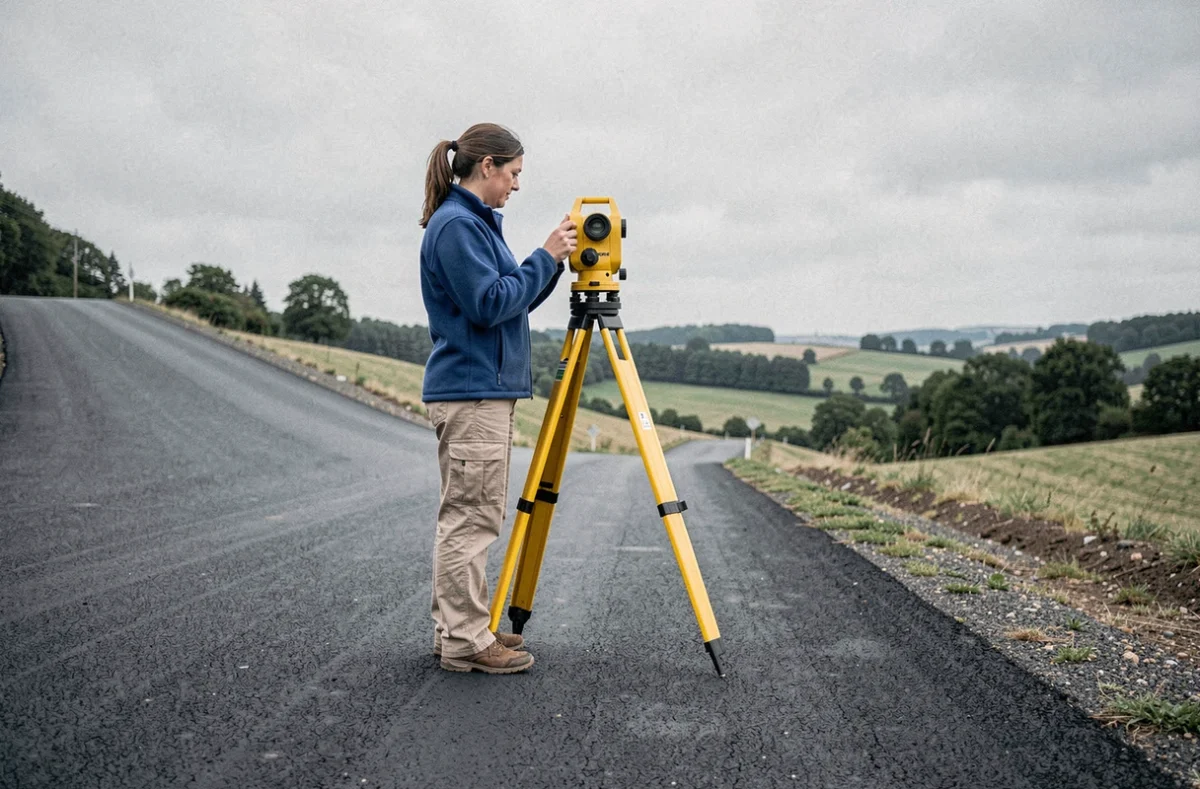 Géomètre mesurant la déclivité d'une route asphaltée en milieu rural avec un niveau optique sur trépied