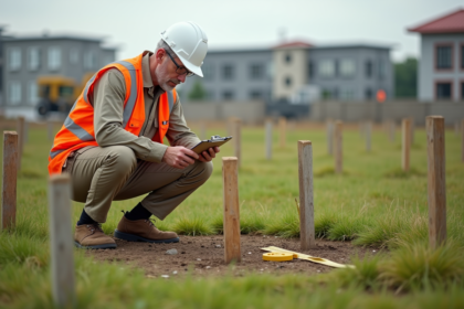 Geometre en plein travail sur un terrain en zone urbaine