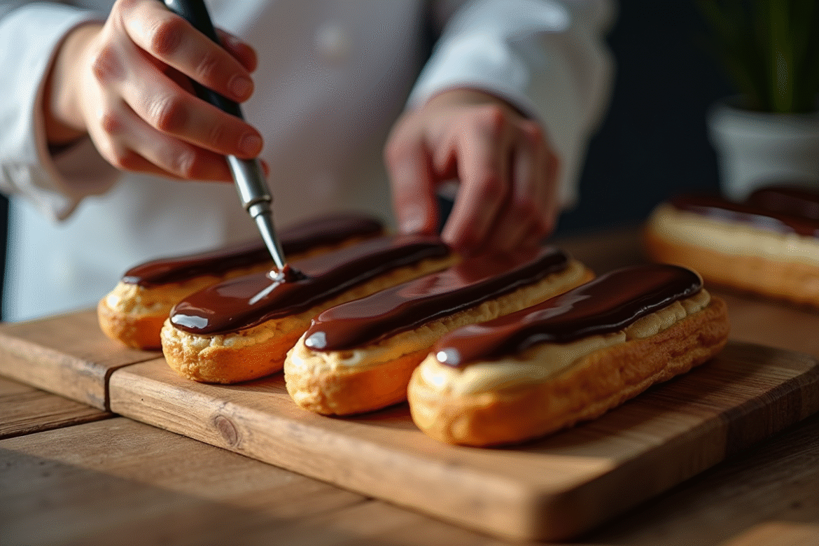 Chef glissant un glaçage chocolat sur des éclairs frais