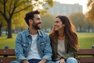 Couple de jeunes adultes partageant un moment complice et authentique sur un banc dans un parc urbain, illustrant la relation fascinante de GMK et sa copine