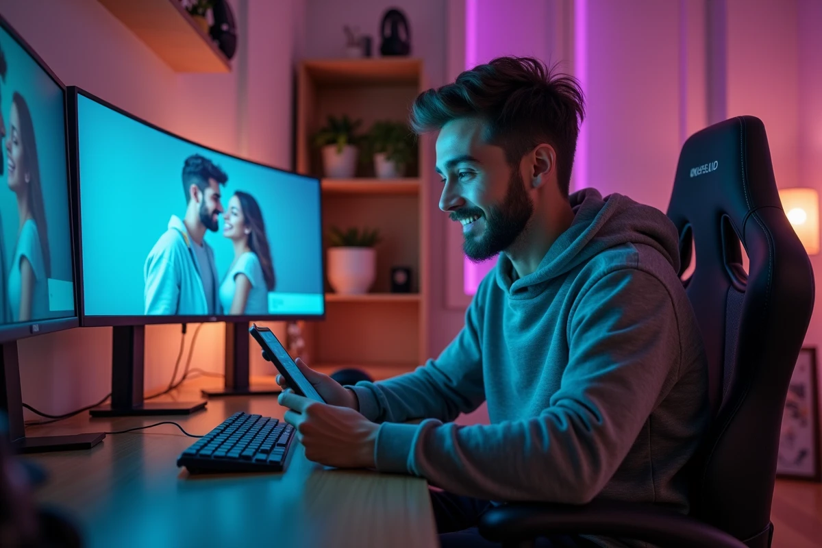 Jeune créateur de contenu dans son studio souriant à son téléphone, évoquant l'univers de GMK et l'intérêt des fans pour sa vie amoureuse
