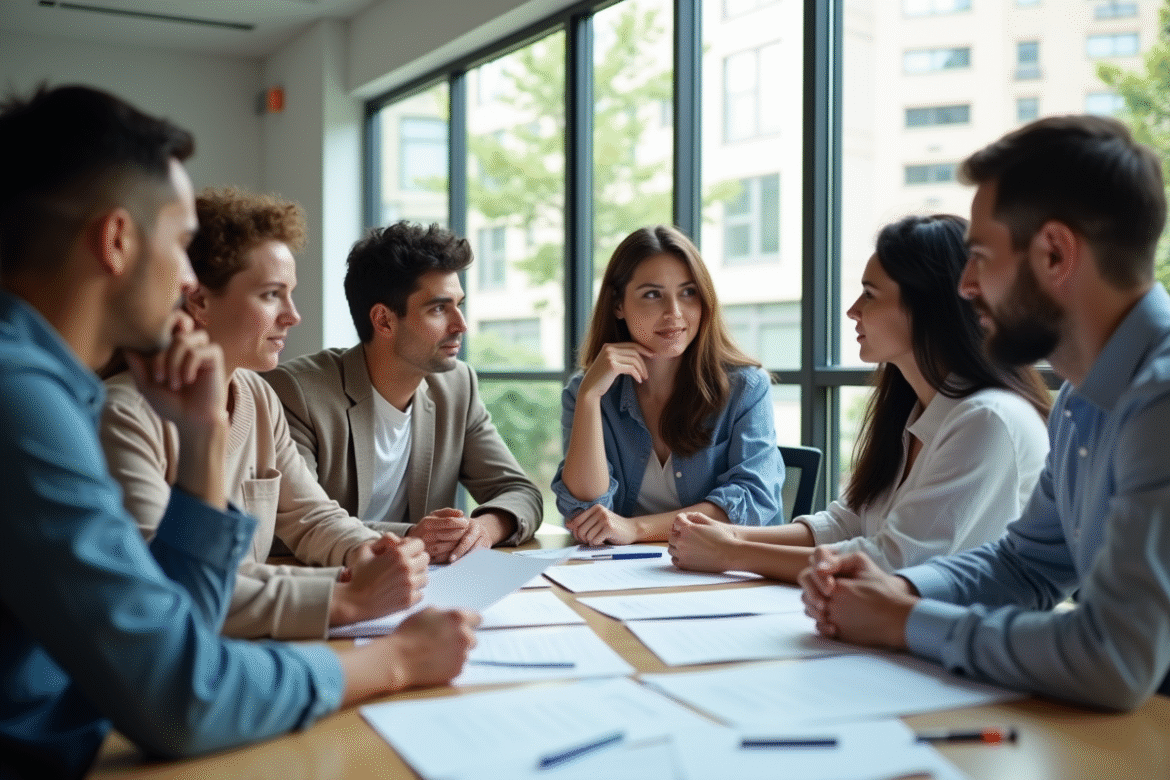 Groupe d'adultes examinant des documents d'assurance santé