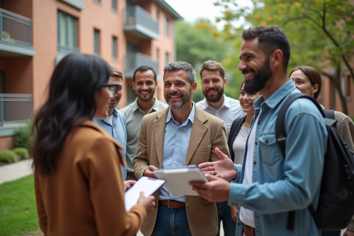 Groupe diversifié en discussion dans une cour intérieure