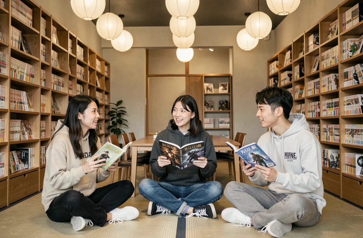 Groupe de jeunes adultes discutant de manga isekai dans un café manga japonais traditionnel assis sur un tatami