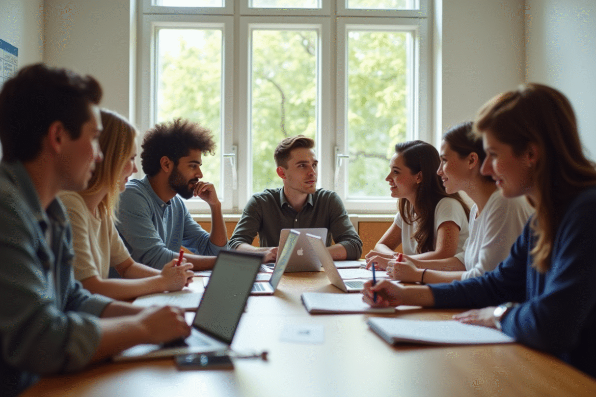 Groupe de jeunes adultes en discussion dans une salle lumineuse