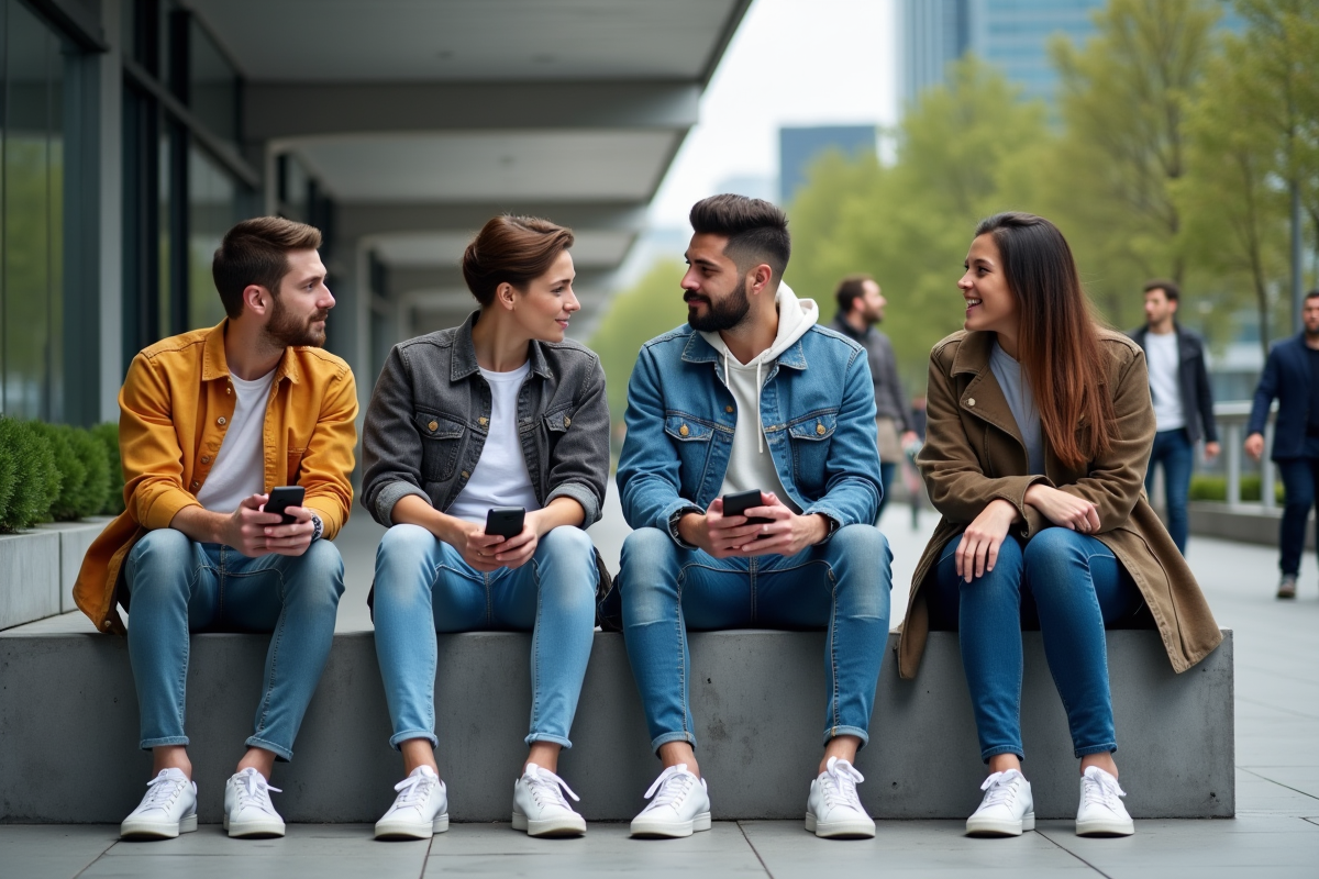 Groupe de jeunes en streetwear dehors devant un immeuble