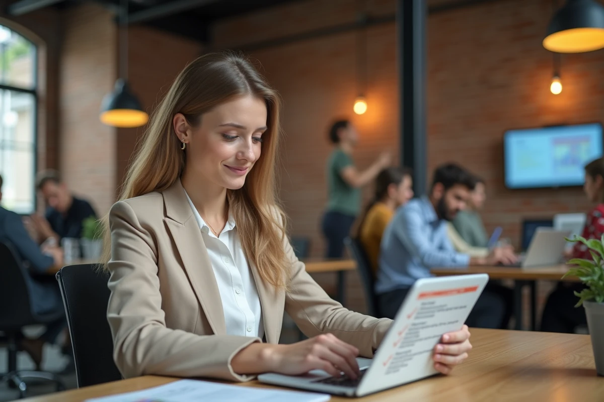Jeune femme consultant un guide de sécurité de compte financier sur tablette dans un espace de coworking