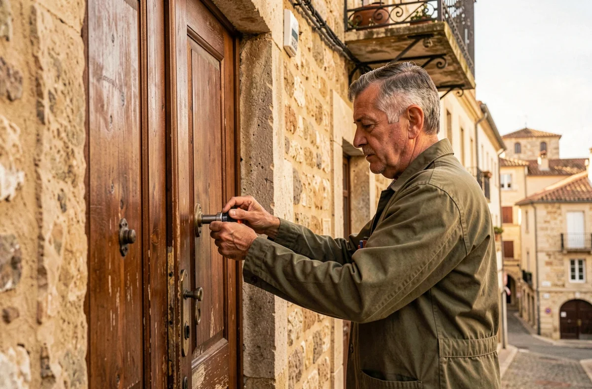 Serrurier Hérault Serrurerie remplaçant un cylindre de serrure sur une porte ancienne d'un bâtiment en pierre à Béziers