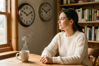 Femme contemplant une horloge affichant 21h21, assise à un bureau en bois dans une atmosphère chaleureuse et introspective