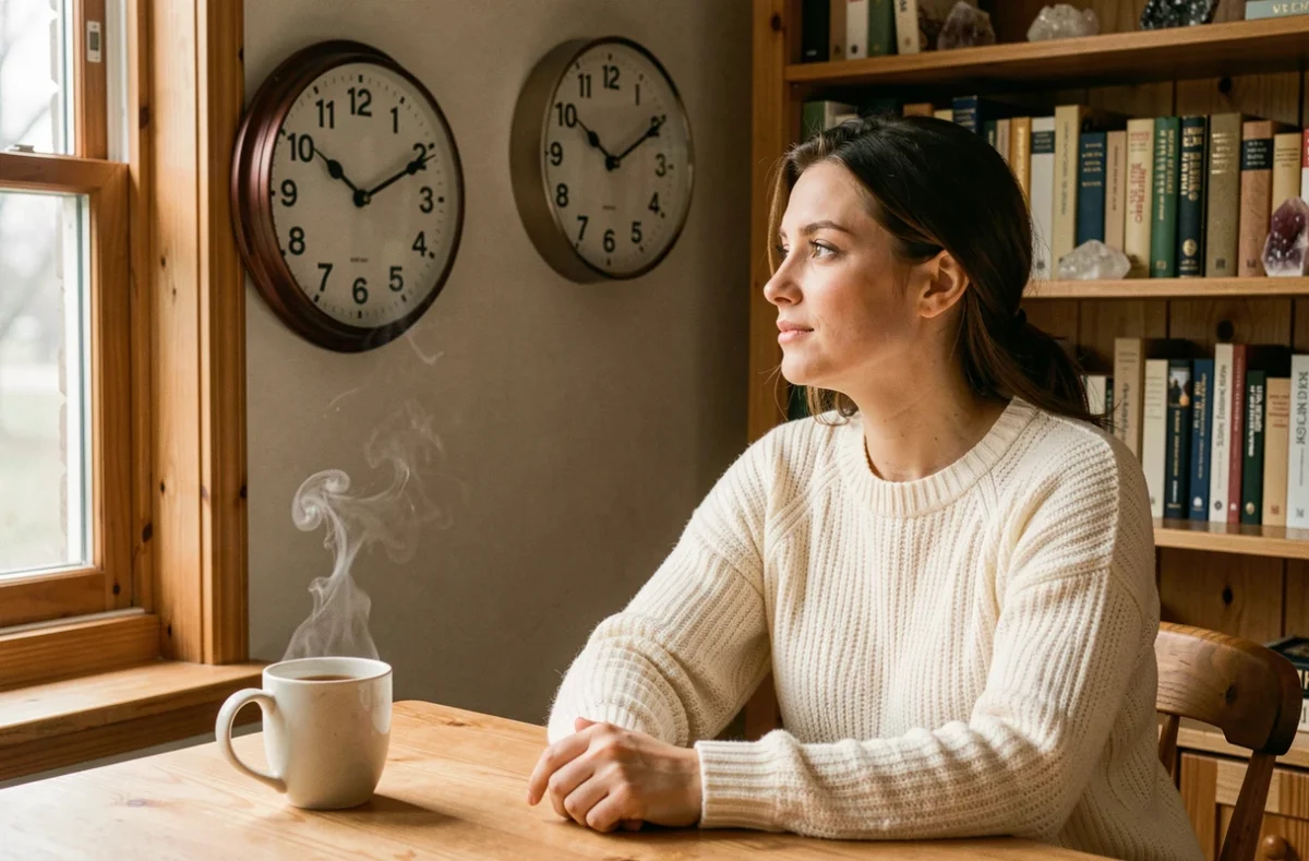 Femme contemplant une horloge affichant 21h21, assise à un bureau en bois dans une atmosphère chaleureuse et introspective