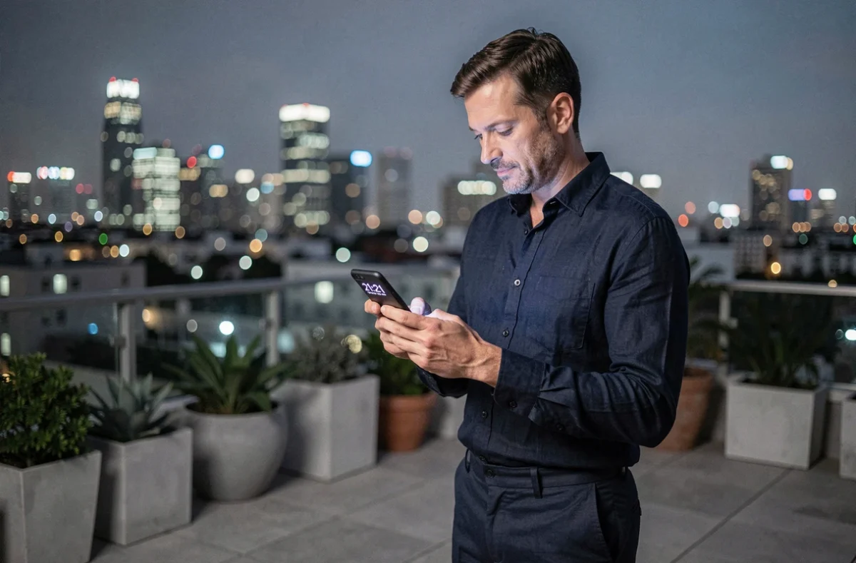 Homme sur une terrasse urbaine la nuit consultant son téléphone affichant 21h21 avec une expression pensive et sereine