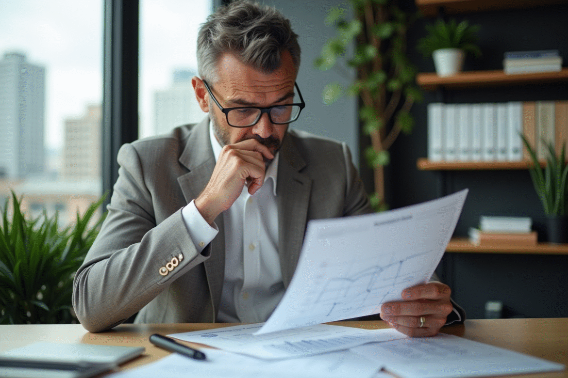 Homme d'affaires analysant des documents avec diagrammes blockchain