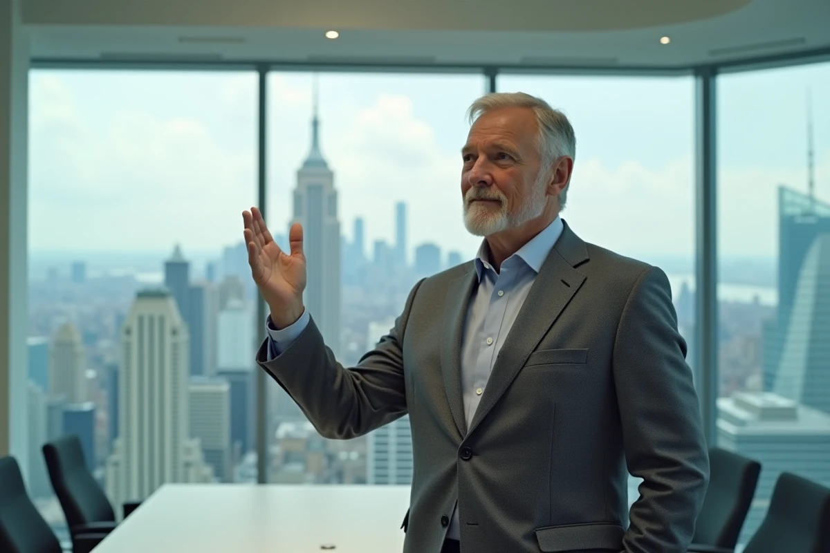 Homme en veste grise dans une salle de réunion moderne