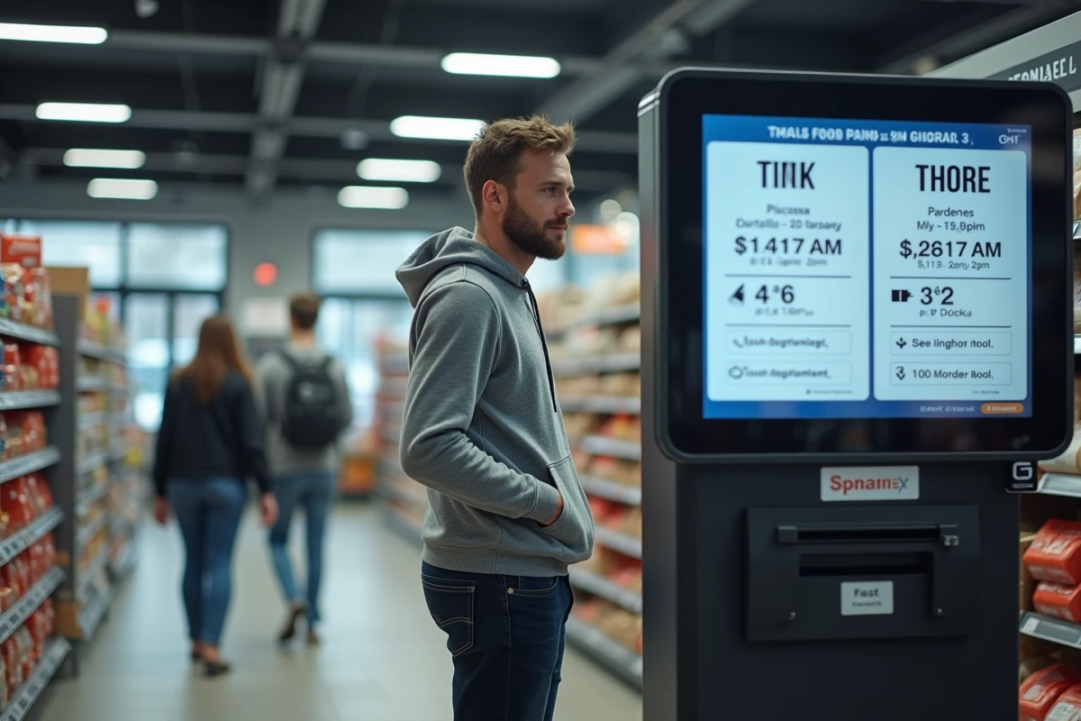 Homme vérifiant les horaires et l'affluence d'un point relais Chronopost sur une borne numérique en supermarché
