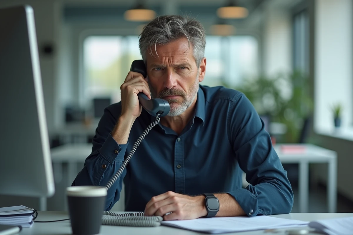 Homme au bureau tenant un combiné téléphonique fixe avec une expression méfiante face à un appel d'un numéro 04 83 suspect