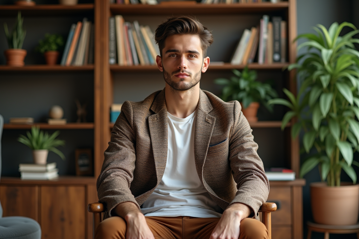 Jeune homme en tenue décontractée dans un bureau cosy