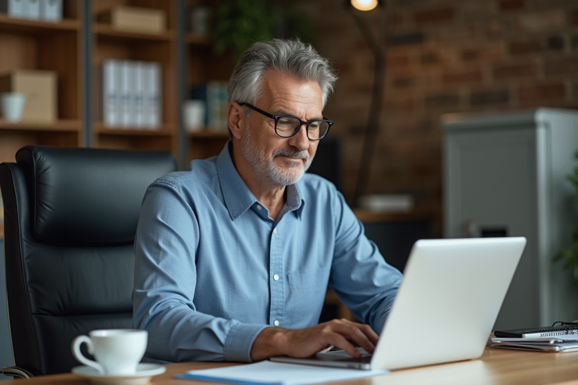 Homme d'affaires en bureau sécurisé effectuant un achat en ligne