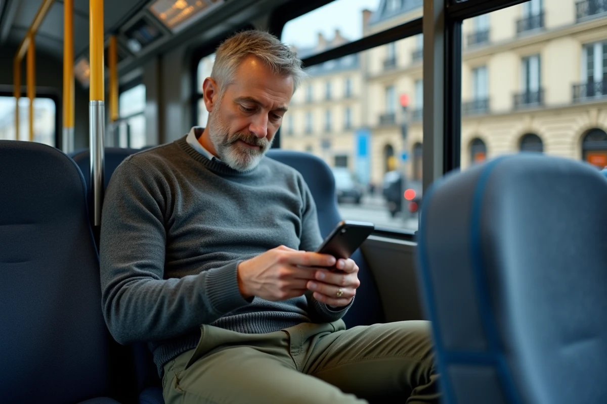 Homme à bord d'un bus parisien consultant les horaires en temps réel sur son téléphone