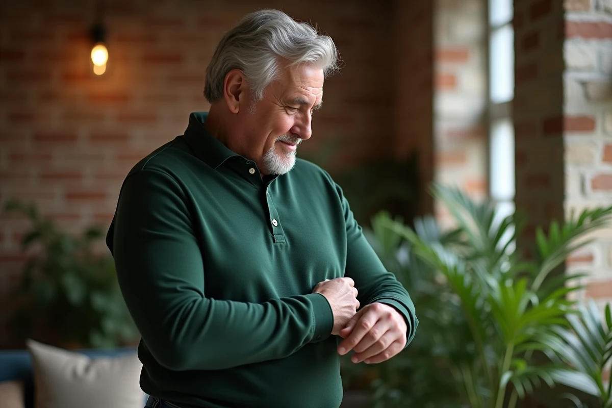 Homme mature en polo vert dans un salon lumineux