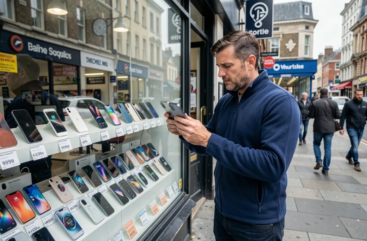 Homme comparant des prix d'iPhone 15 reconditionnés devant une vitrine de téléphones d'occasion