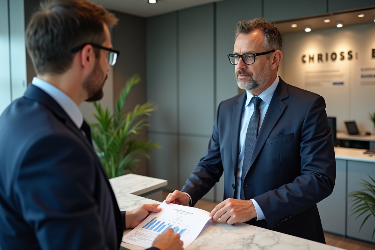 Homme français en costume discute prêt immobilier avec conseiller