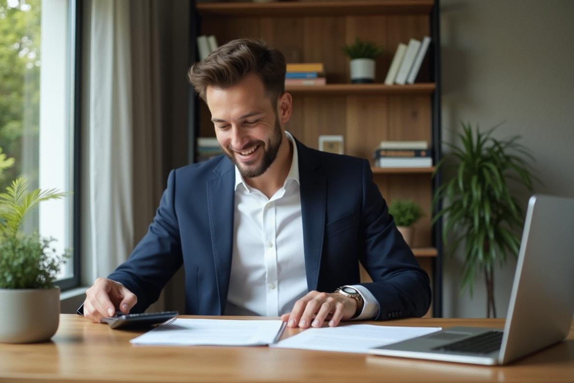Homme en costume bleu examine des documents de prêt immobilier
