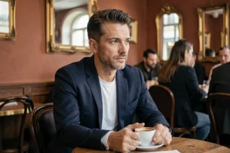 Portrait d'un homme réfléchi assis dans un café parisien, illustrant la vie privée discrète d'une personnalité publique