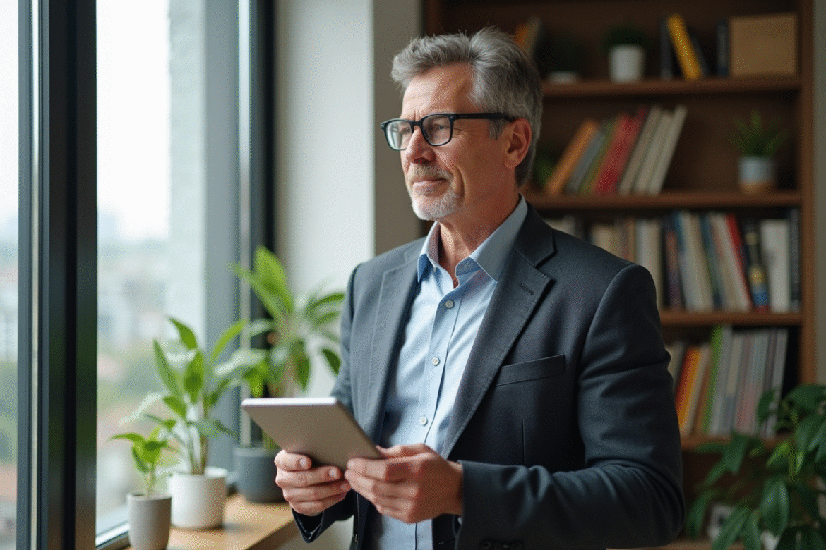 Homme d'âge moyen regardant par la fenêtre avec une tablette immobilière