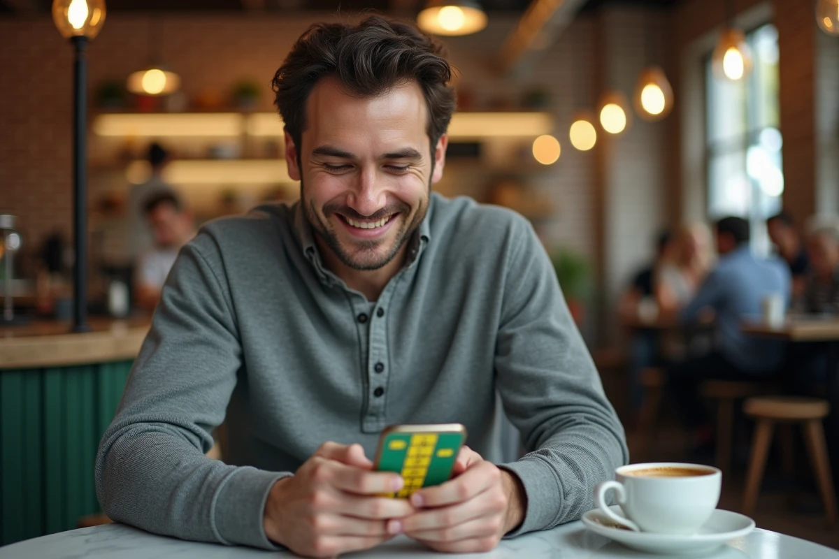 Homme adulte consultant un jeu de mots Wordle sur smartphone dans un café urbain