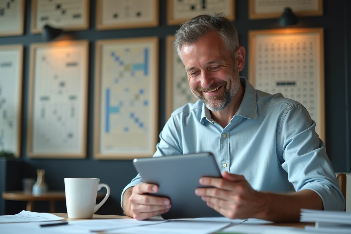 Homme souriant résolvant un puzzle dans un bureau moderne
