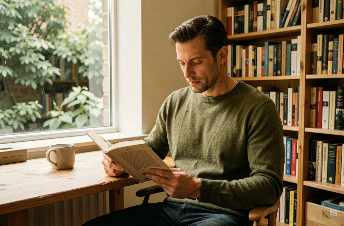 Homme lisant dans une bibliothèque intimiste, évoquant la vie privée cultivée et discrète d'une personnalité