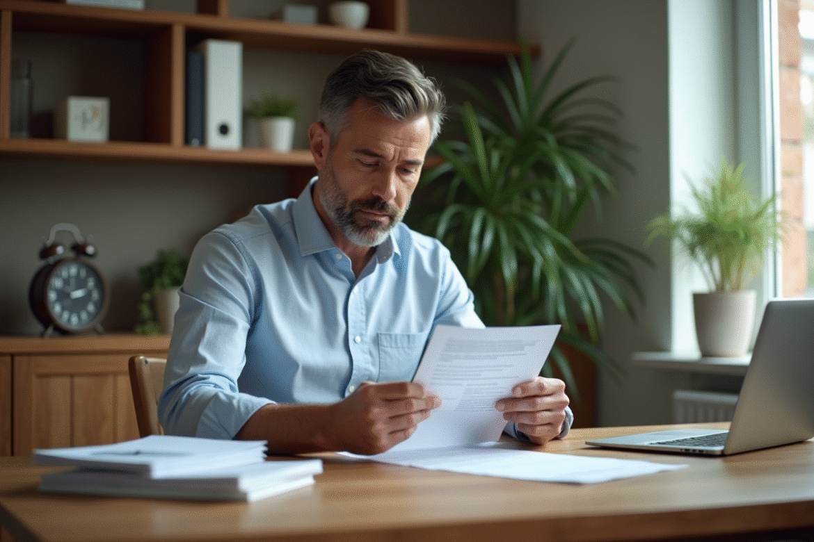 Homme d'âge moyen lisant des papiers dans un intérieur moderne