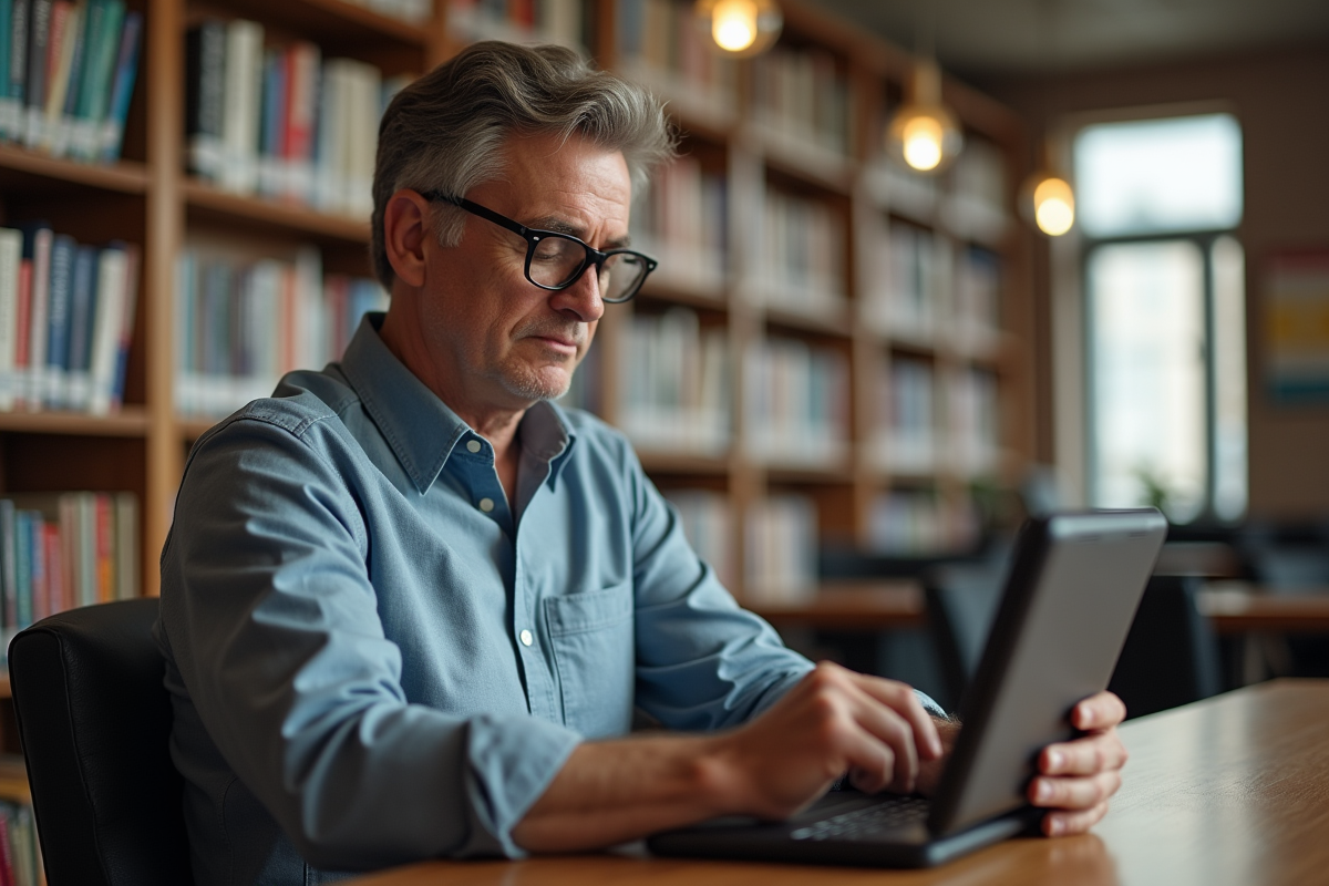 Homme lisant une tablette dans une bibliothèque
