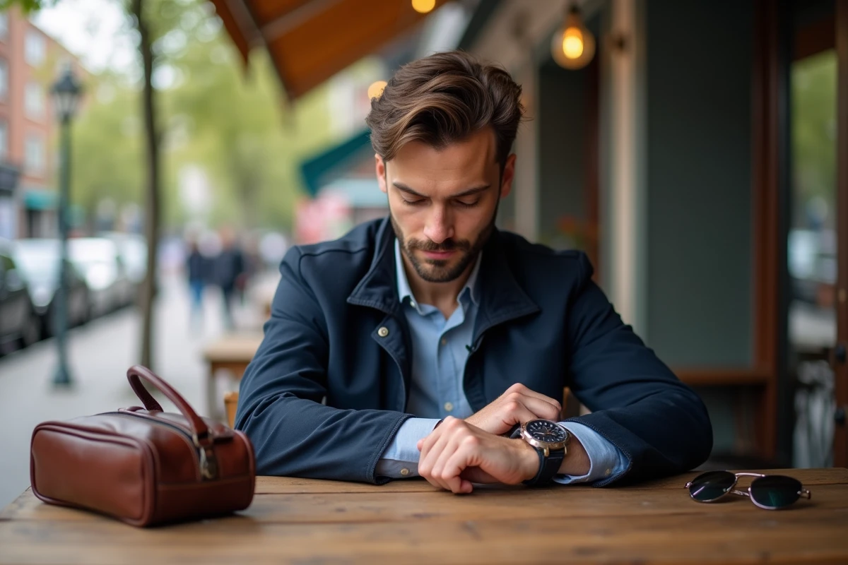 Homme ajustant sa montre en extérieur au café