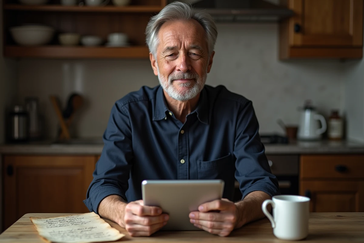 Homme âgé consultant une page mémorielle numérique sur une tablette entouré de souvenirs personnels