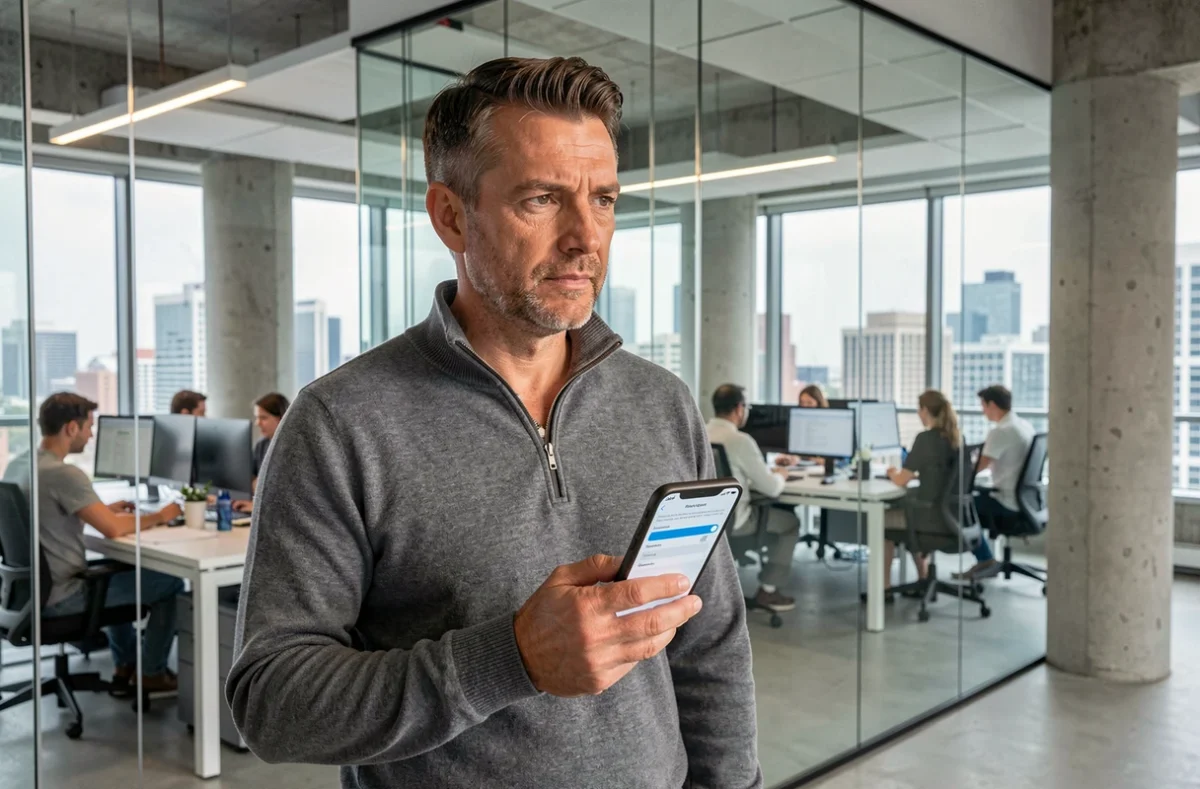 Homme consultant les paramètres de confidentialité sur son smartphone dans un bureau en open space, symbolisant la gestion des données numériques