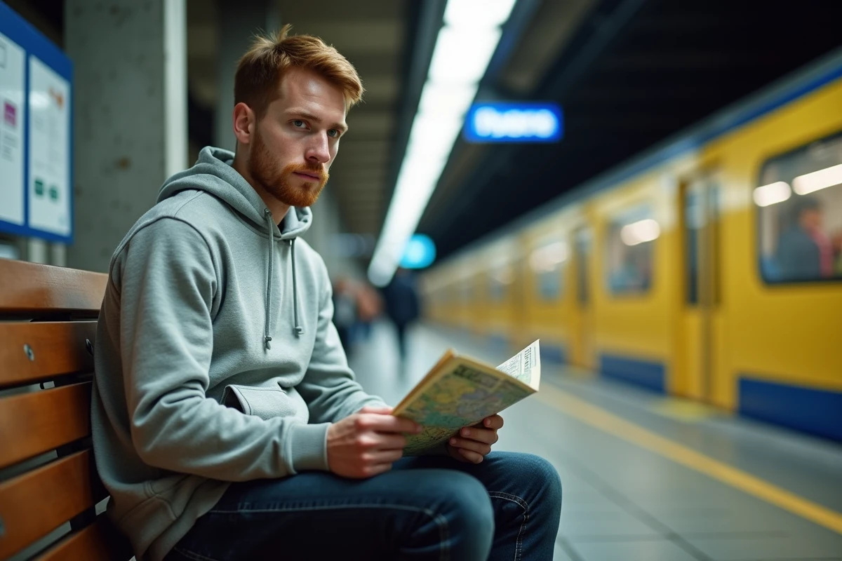 Jeune homme consultant un plan de poche du métro parisien assis sur un banc de station RER