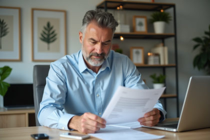 Homme d'âge moyen examinant des documents de retraite dans un bureau lumineux