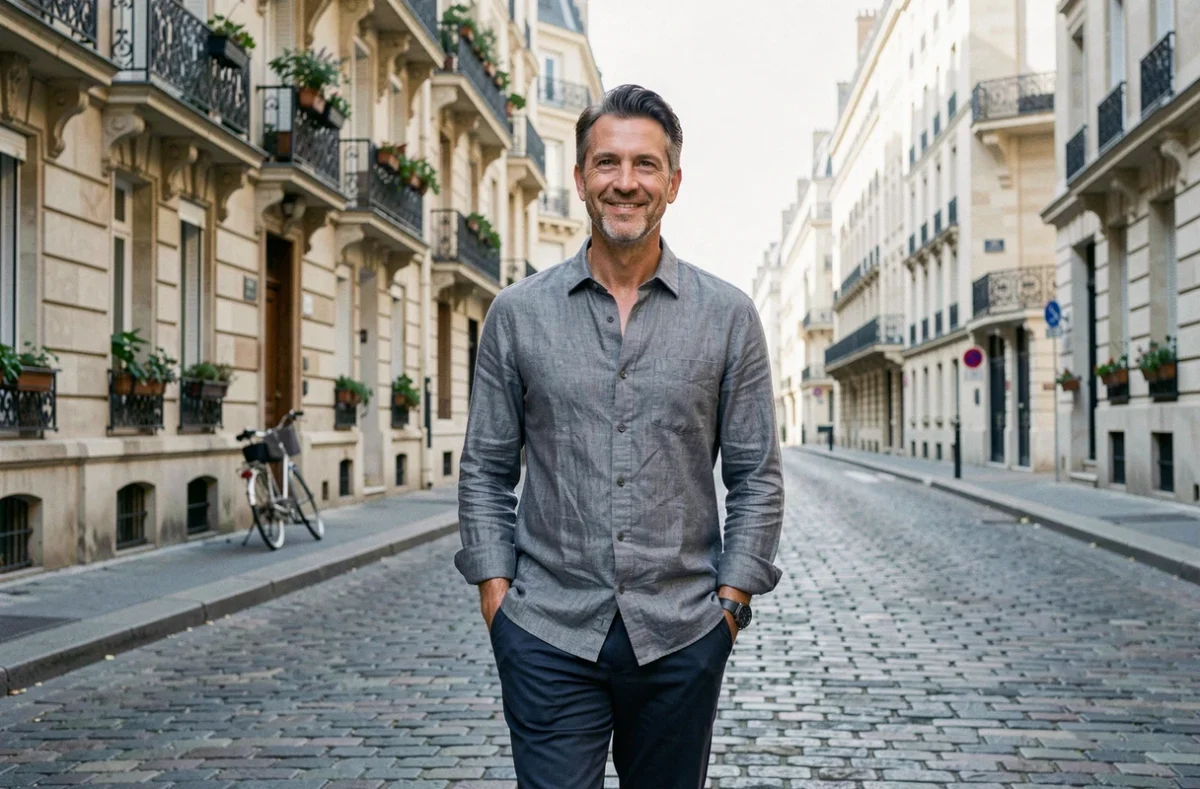 Homme marchant dans une rue pavée de Paris, symbolisant la discrétion et la vie privée loin des projecteurs