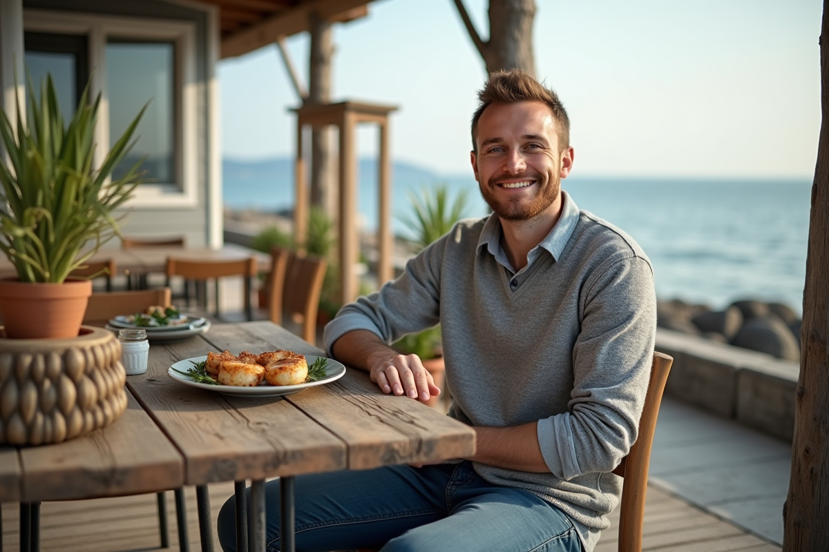 Jeune homme dégustant coquilles SaintJacques en terrasse