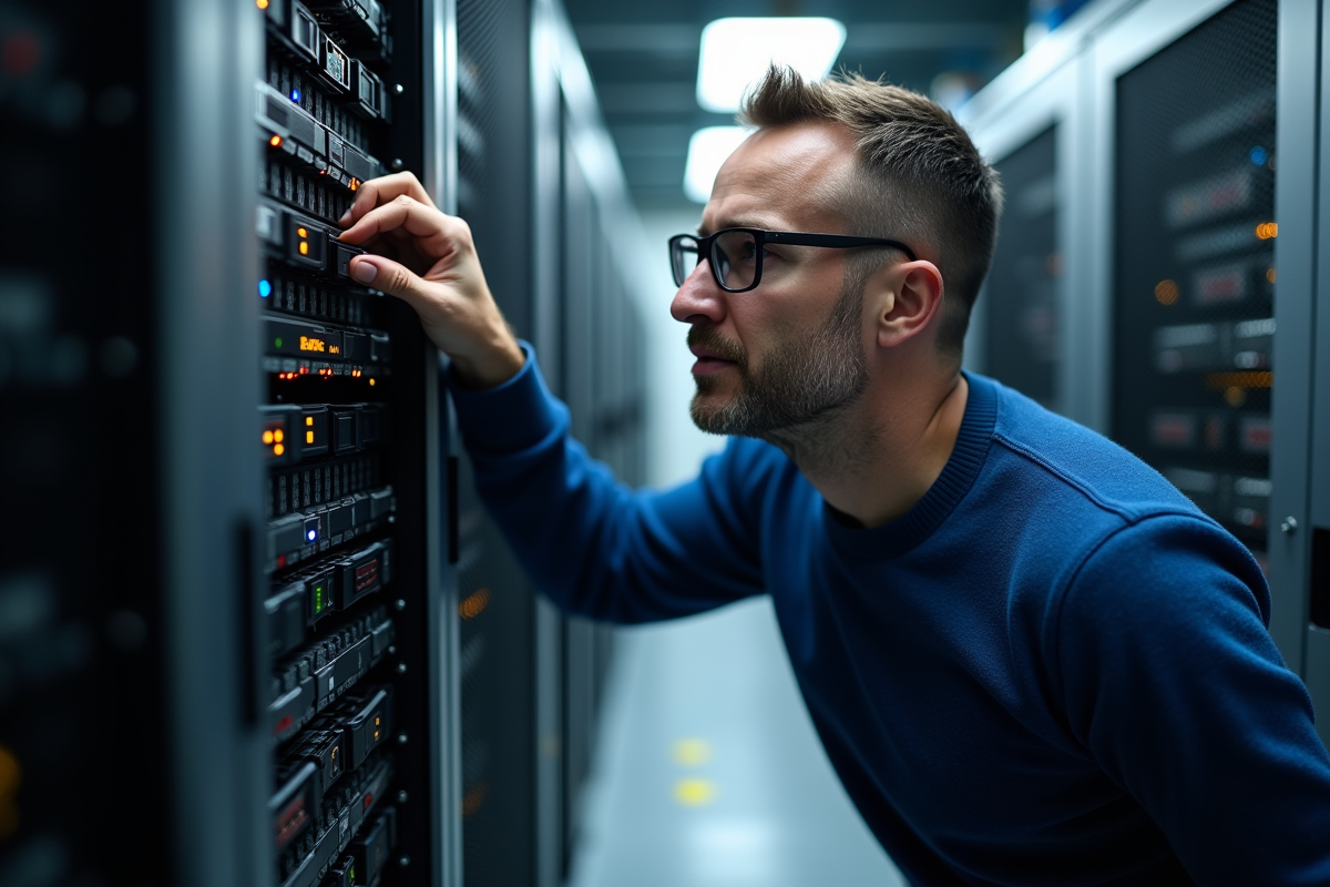 Homme d age moyen inspectant un serveur dans une salle hightech