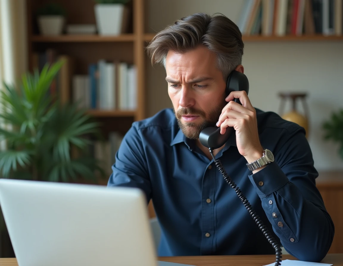 Homme au bureau à domicile contactant le service client par téléphone avec ordinateur portable ouvert