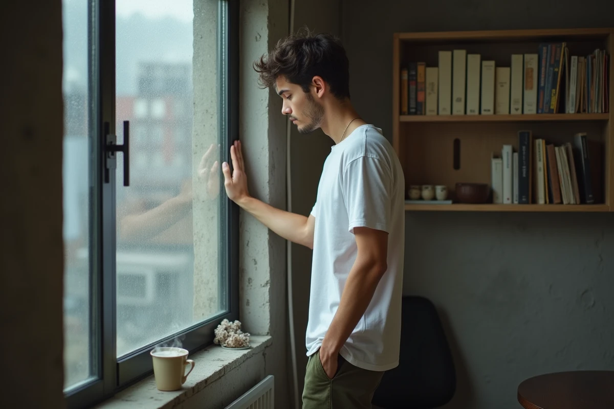 Jeune homme seul regardant par une fenêtre sous la pluie dans un appartement minimaliste, sentiment d'isolement