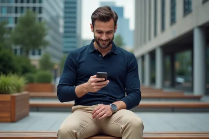 Jeune homme en polo navy dans un espace urbain moderne