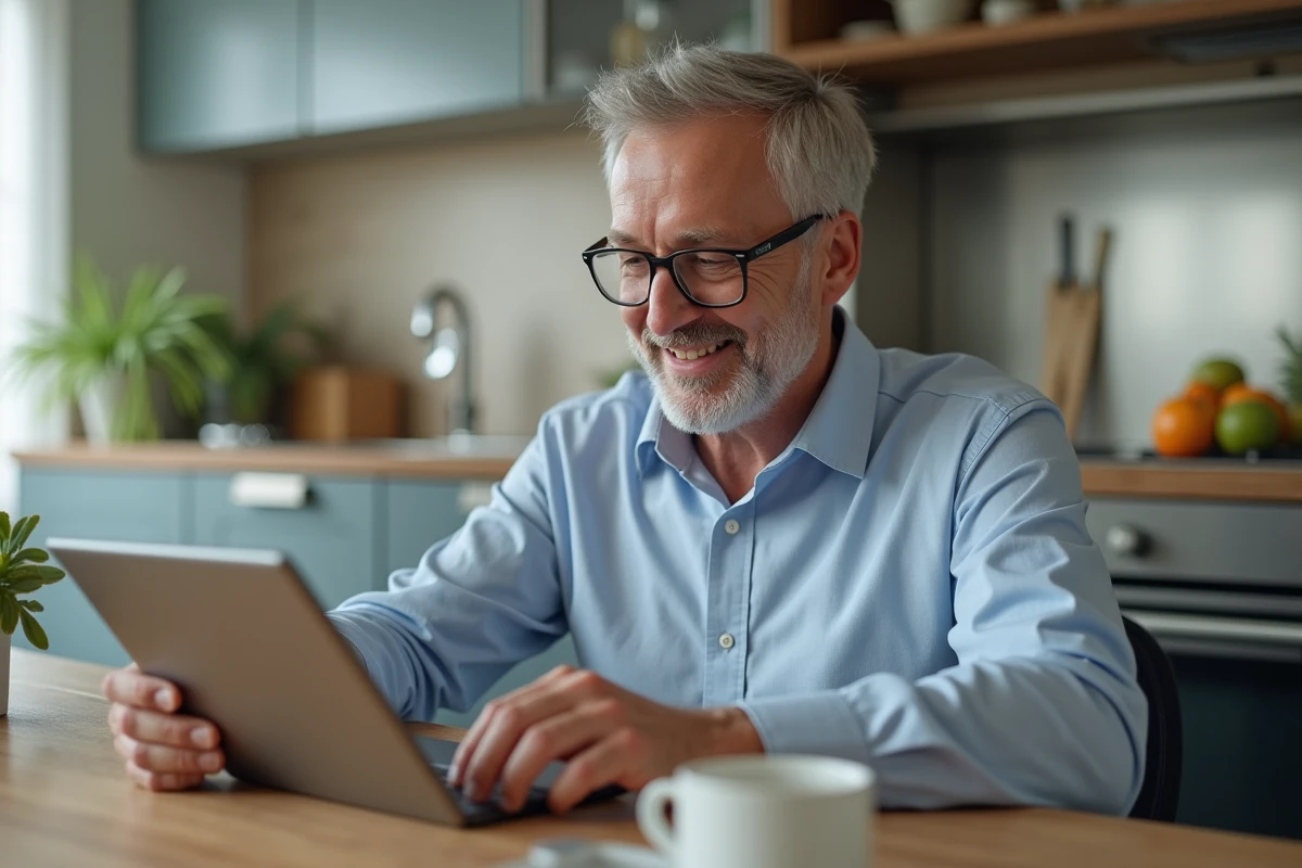 Homme regardant une tablette dans une cuisine lumineuse